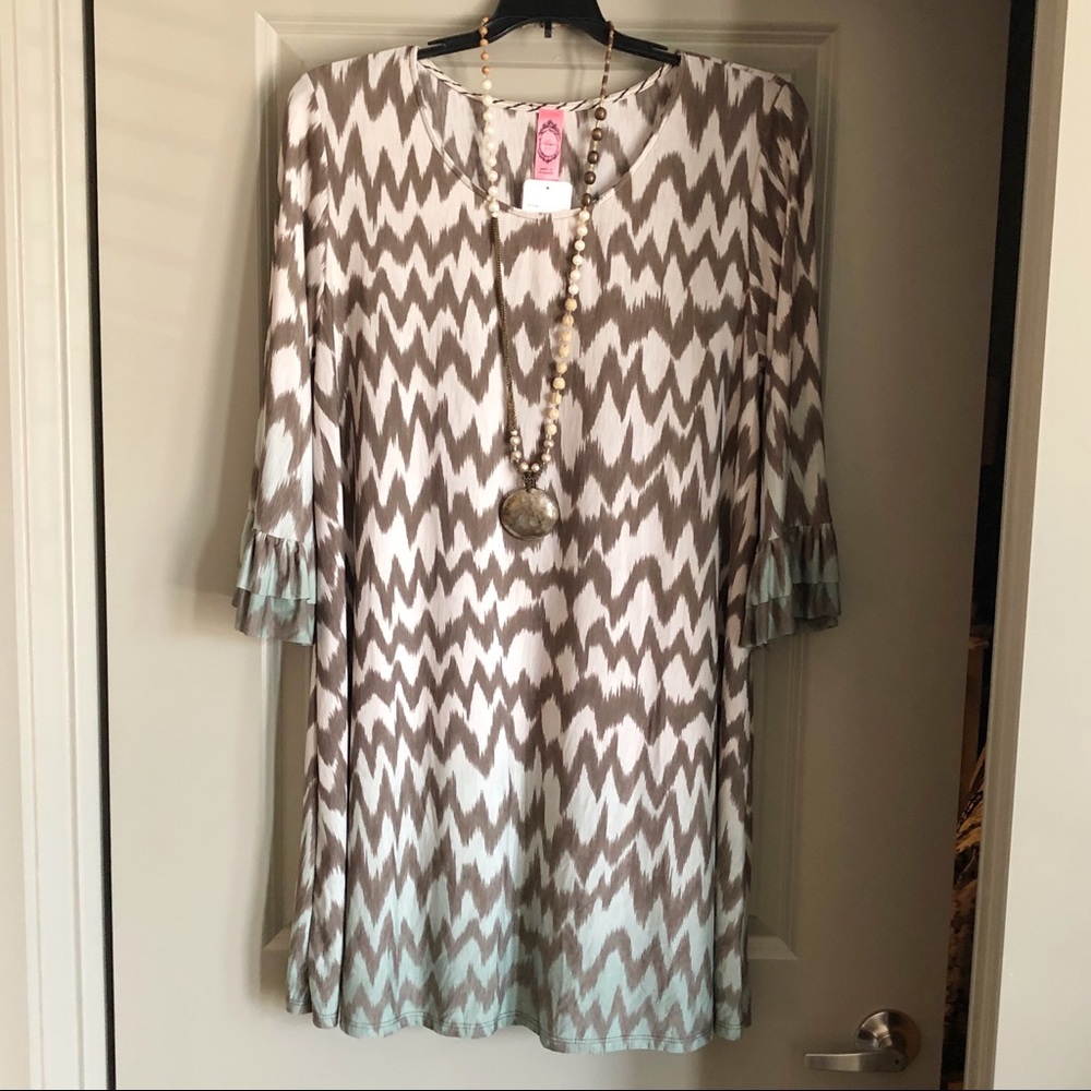 Brown/Cream/Mint Green Chevron Pattern Tunic Dress